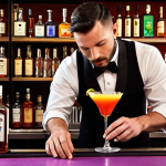 **

A vibrant and stylish bar scene. A skilled bartender is meticulously preparing a colorful cocktail, using professional bar tools. Bottles of various spirits and liqueurs are visible in the background. Focus on the artistry and precision of cocktail creation. Should evoke a sense of sophistication and craft.

**