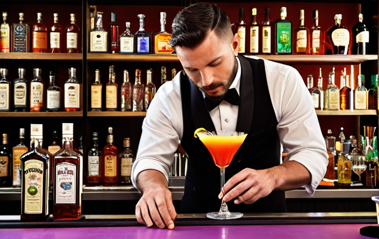 **

A vibrant and stylish bar scene. A skilled bartender is meticulously preparing a colorful cocktail, using professional bar tools. Bottles of various spirits and liqueurs are visible in the background. Focus on the artistry and precision of cocktail creation. Should evoke a sense of sophistication and craft.

**