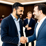A diverse group of professional bartenders and mixologists, fully clothed in modest business attire, engage in a friendly, intellectual conversation at a sophisticated cocktail event in a modern conference hall in Lisbon. They are exchanging ideas and sharing insights, with some gently shaking hands, fostering new professional partnerships. The background features blurred modern decor and other attendees networking in a similar manner. The atmosphere is collaborative and professional. safe for work, appropriate content, fully clothed, professional, modest clothing, perfect anatomy, correct proportions, natural pose, well-formed hands, proper finger count, natural body proportions, high-quality professional photography.