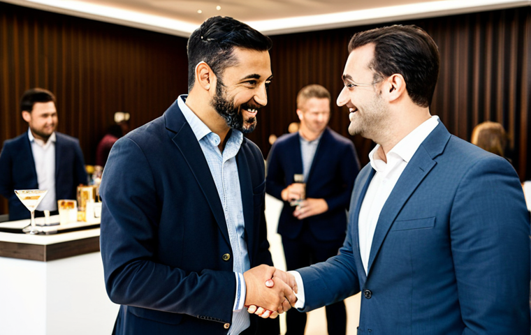 A diverse group of professional bartenders and mixologists, fully clothed in modest business attire, engage in a friendly, intellectual conversation at a sophisticated cocktail event in a modern conference hall in Lisbon. They are exchanging ideas and sharing insights, with some gently shaking hands, fostering new professional partnerships. The background features blurred modern decor and other attendees networking in a similar manner. The atmosphere is collaborative and professional. safe for work, appropriate content, fully clothed, professional, modest clothing, perfect anatomy, correct proportions, natural pose, well-formed hands, proper finger count, natural body proportions, high-quality professional photography.