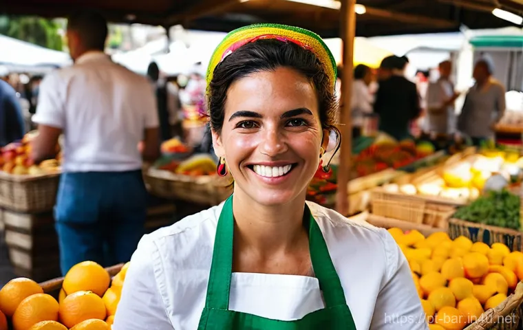 바텐더의 새로운 기술 습득 사례 - **Sustainable Portuguese Bartender at a Local Market:** A vibrant and dynamic shot of a Portuguese b...