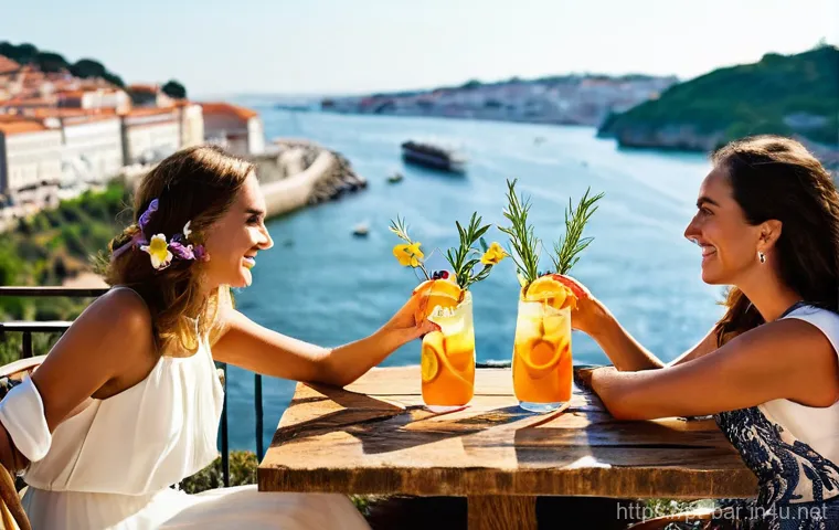 바텐더의 새로운 기술 습득 사례 - **Molecular Mixology Art in a High-End Portuguese Bar:** A sophisticated and artistic image of a non...