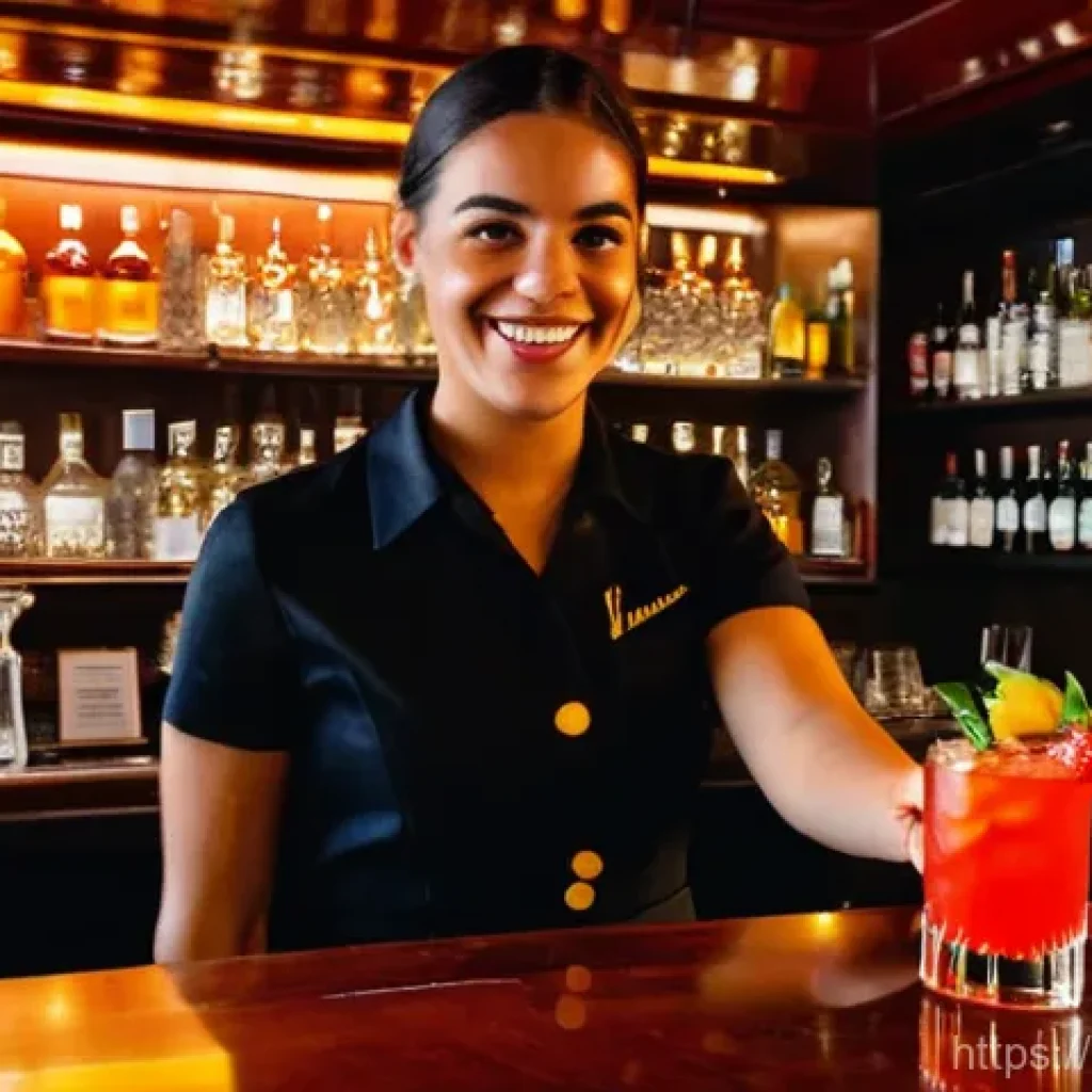 바텐더 업무 사례 공유 - **Prompt:** A skilled, charismatic female bartender, in her late 20s, with a warm smile, is meticulo...