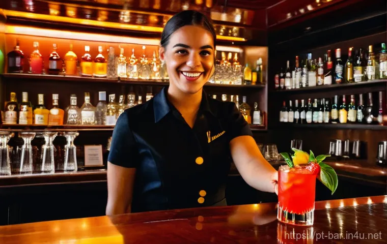 바텐더 업무 사례 공유 - **Prompt:** A skilled, charismatic female bartender, in her late 20s, with a warm smile, is meticulo...