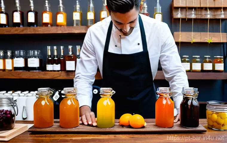 바텐더 업무 사례 공유 - **Prompt:** A thoughtful male bartender, in his mid-30s, dressed in a stylish yet professional vest ...