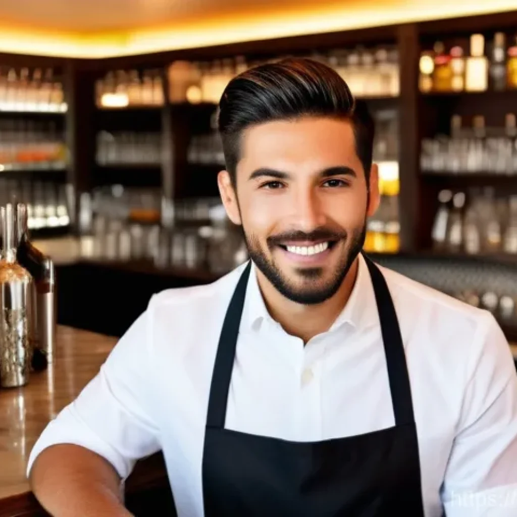 바텐더 자격증 취득 후 취업 사례 - A dynamic and charismatic bartender, gender-neutral, wearing a stylish, clean uniform (e.g., a crisp...
