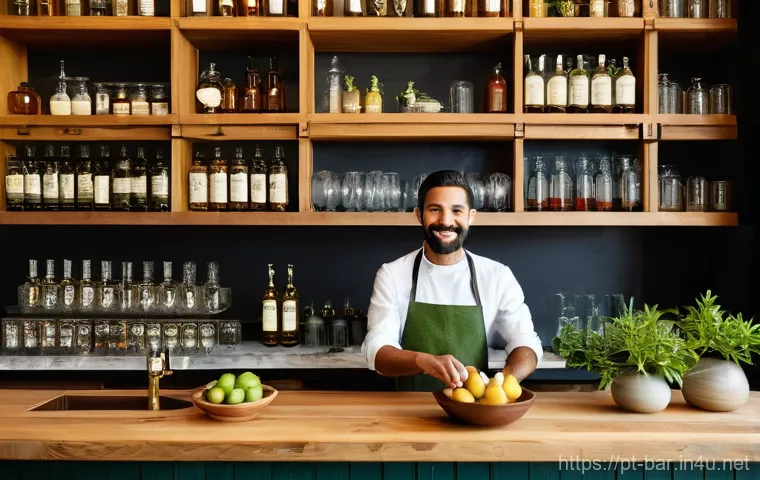 바텐더 자격증 취득 후 취업 사례 - A dynamic and charismatic bartender, gender-neutral, wearing a stylish, clean uniform (e.g., a crisp...