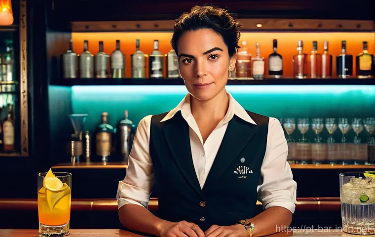 바텐더 이론 공부 자료 - **Prompt:** A Portuguese mixologist, a woman in her late 30s with a focused expression, stands in a ...