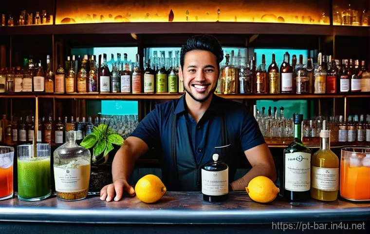 바텐더 이론 공부 자료 - **Prompt:** A Portuguese mixologist, a woman in her late 30s with a focused expression, stands in a ...