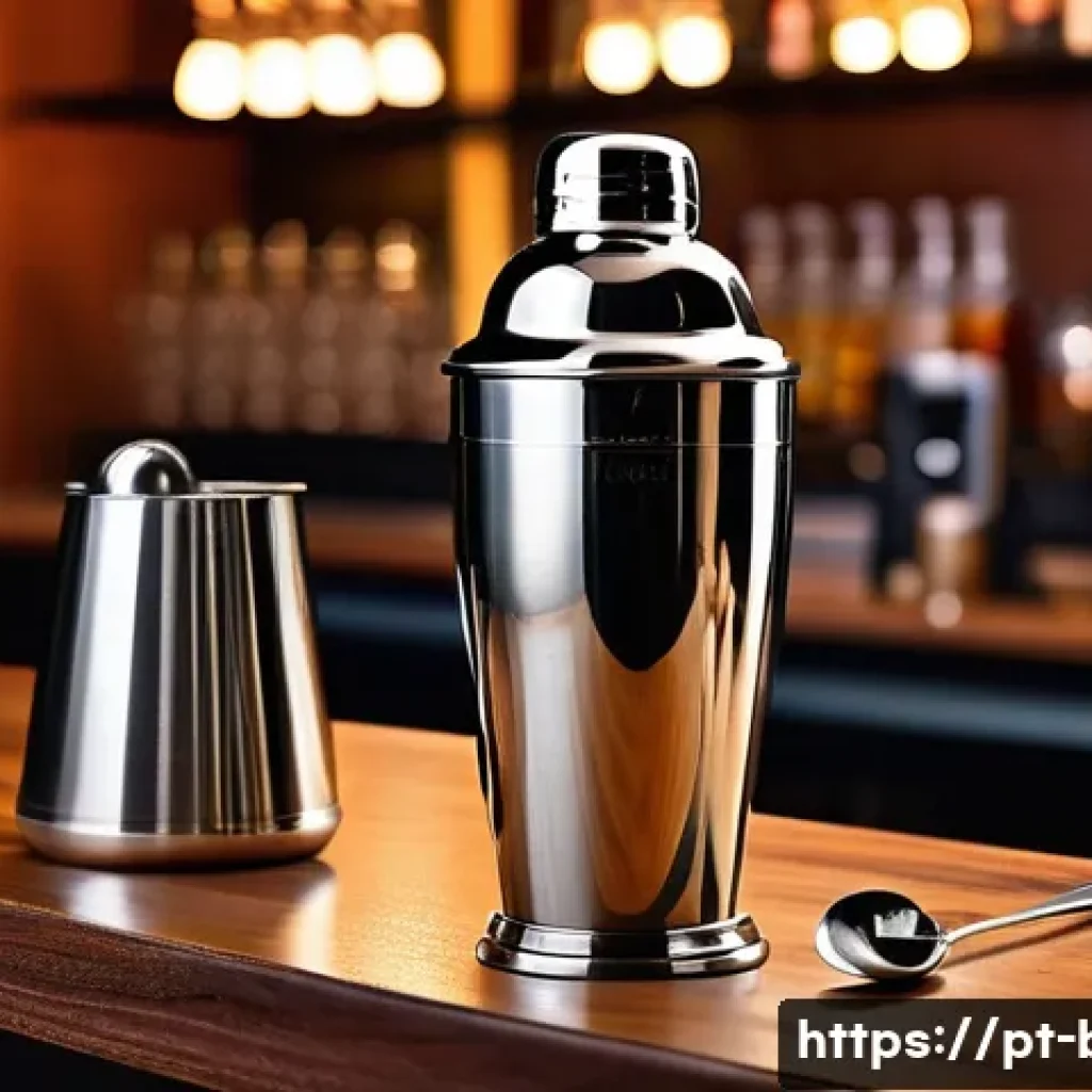 바텐더에게 필요한 기본 장비 - A professional bartender’s workspace featuring a sleek Boston shaker in polished stainless steel, mi...