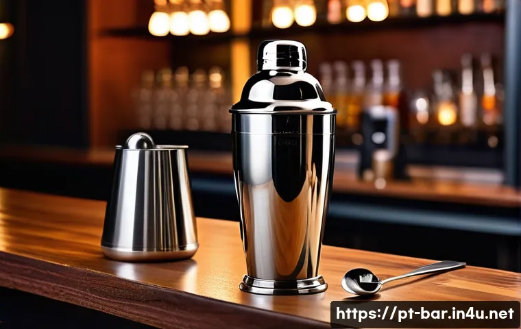 바텐더에게 필요한 기본 장비 - A professional bartender’s workspace featuring a sleek Boston shaker in polished stainless steel, mi...