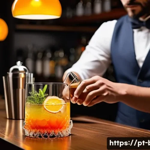 Home 30 바텐더 칵테일 실습 팁 - A stylish bartender preparing a cocktail at a modern bar counter, focusing on precise measurement of...