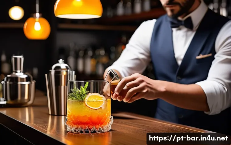 바텐더 칵테일 실습 팁 - A stylish bartender preparing a cocktail at a modern bar counter, focusing on precise measurement of...