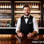 Home 19 바텐더 해외 취업 방법 - A professional bartender working behind a sleek bar in Sydney, Australia, wearing a smart black vest...