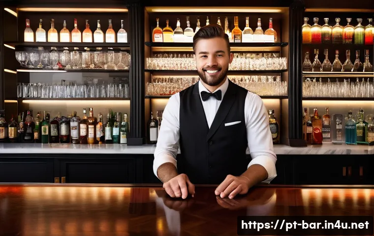 바텐더 해외 취업 방법 - A professional bartender working behind a sleek bar in Sydney, Australia, wearing a smart black vest...