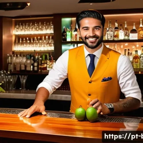 Home 28 바텐더와 호텔 바의 협업 사례 - A vibrant hotel bar scene in Rio de Janeiro at sunset, showcasing a bartender crafting a unique cock...