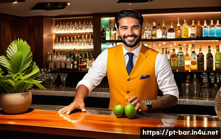 바텐더와 호텔 바의 협업 사례 - A vibrant hotel bar scene in Rio de Janeiro at sunset, showcasing a bartender crafting a unique cock...