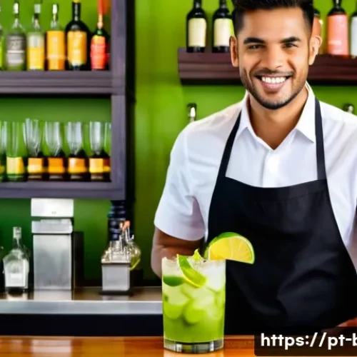 Home 17 바텐더가 자주 참고하는 서적 - A modern Brazilian bartender preparing a classic Caipirinha cocktail behind a stylish bar counter, w...