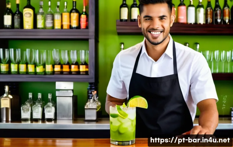 바텐더가 자주 참고하는 서적 - A modern Brazilian bartender preparing a classic Caipirinha cocktail behind a stylish bar counter, w...