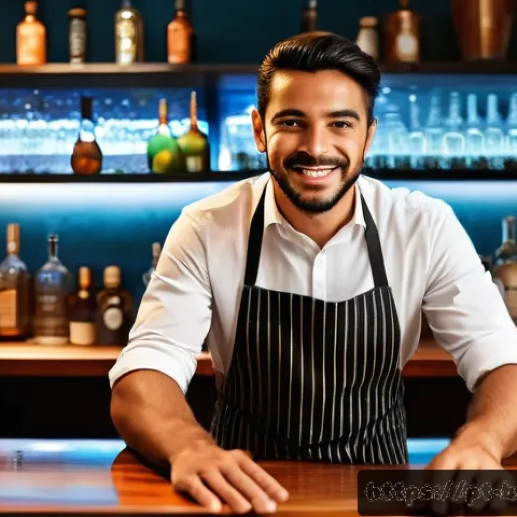 바텐더가 경력 관리에 실패한 사례 - A skilled bartender in a modern Brazilian bar setting, wearing a stylish shirt and apron, carefully ...
