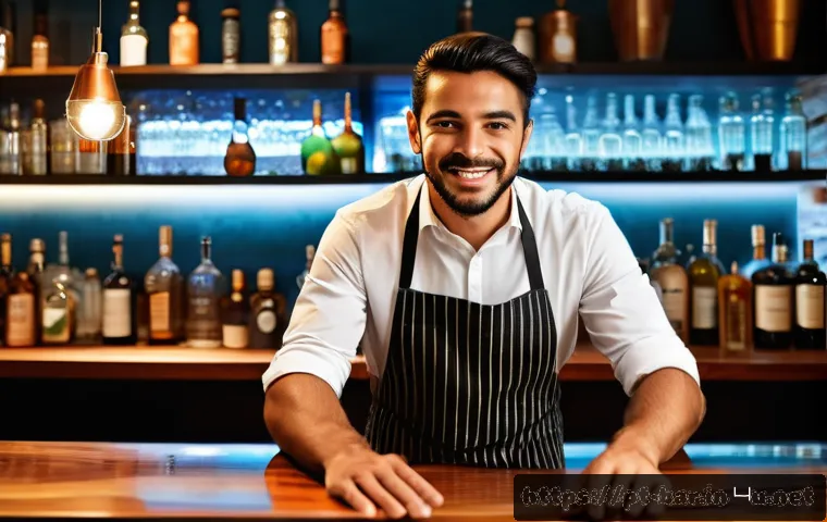 바텐더가 경력 관리에 실패한 사례 - A skilled bartender in a modern Brazilian bar setting, wearing a stylish shirt and apron, carefully ...