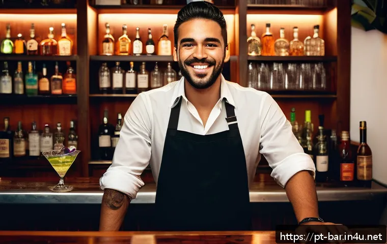 바텐더 신입 구직 성공 사례 - A vibrant São Paulo bar scene at night, showcasing a stylish bartender wearing a crisp white shirt a...