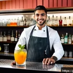 바텐더 자격 시험의 준비 기간 - A vibrant, modern bartending training scene inside a sleek Brazilian bar setting, featuring a young ...