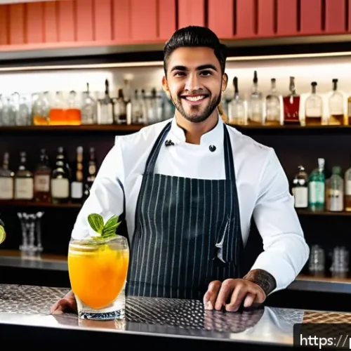 바텐더 자격 시험의 준비 기간 - A vibrant, modern bartending training scene inside a sleek Brazilian bar setting, featuring a young ...