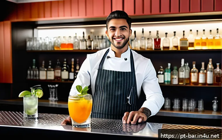 바텐더 자격 시험의 준비 기간 - A vibrant, modern bartending training scene inside a sleek Brazilian bar setting, featuring a young ...