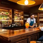바텐더로서의 고객 만족도 관리 - A cozy, warmly lit bar interior in Brazil during the evening, featuring wooden furniture with ergono...