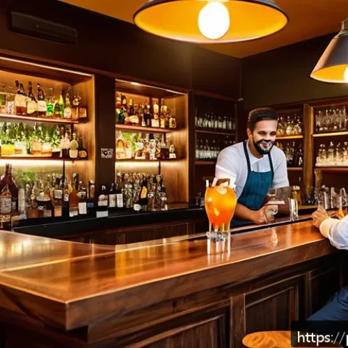 바텐더로서의 고객 만족도 관리 - A cozy, warmly lit bar interior in Brazil during the evening, featuring wooden furniture with ergono...