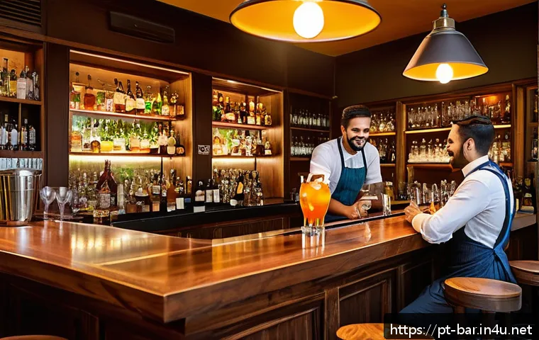 바텐더로서의 고객 만족도 관리 - A cozy, warmly lit bar interior in Brazil during the evening, featuring wooden furniture with ergono...