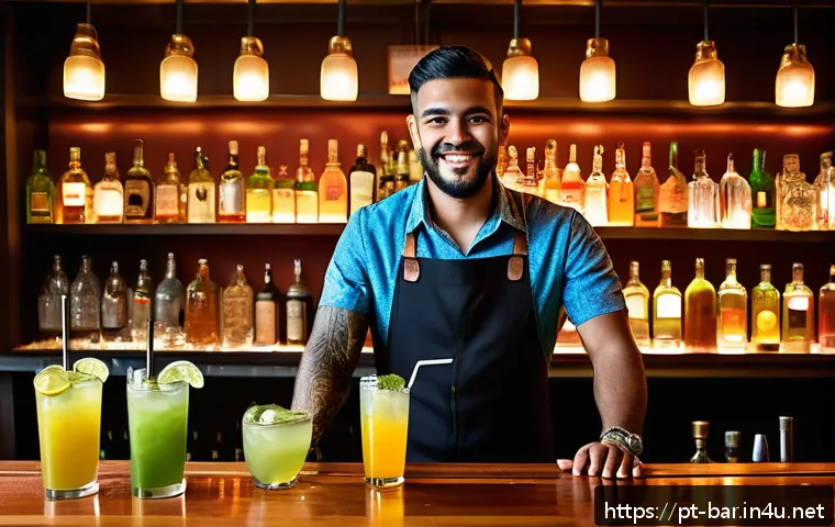 바텐더 경력 개발 로드맵 - A vibrant and modern bar scene in São Paulo, Brazil, featuring a skilled bartender in casual attire ...