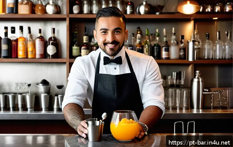 바텐더로서의 경력 설계 - A professional bartender in a modern Brazilian bar setting, skillfully shaking a stainless steel coc...