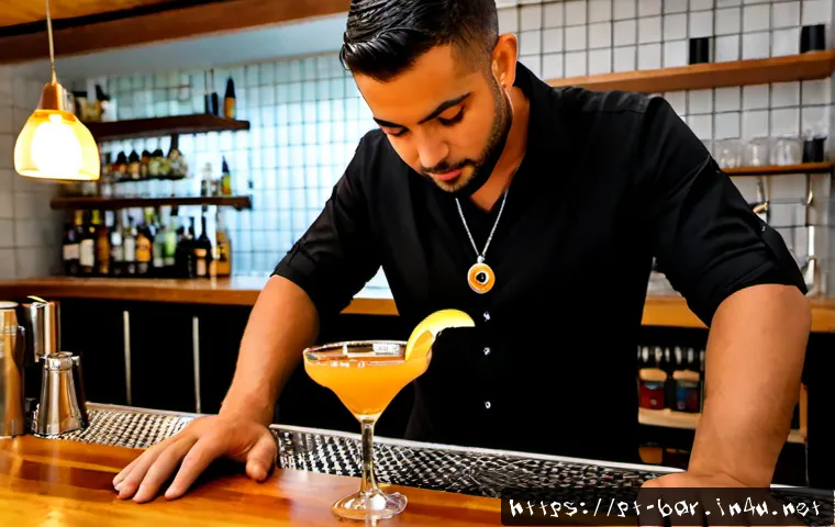 바텐더 직업의 미래 - Photorealistic modern Lisbon cocktail bar, experienced Portuguese bartender in crisp black shirt usi...
