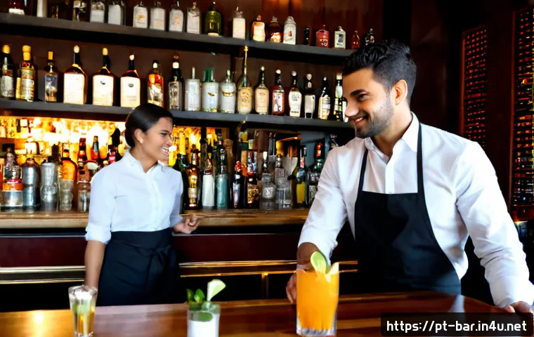 Home 17 바텐더 이직 성공 사례 - Photorealistic success story scene in a stylish Lisbon cocktail bar, confident Brazilian Portuguese-...