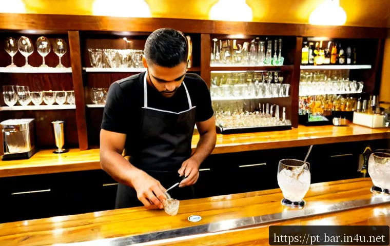 바텐더가 알아야 할 현장 관리 - Photorealistic Brazilian bar opening preparation, experienced bartender in a clean black apron check...
