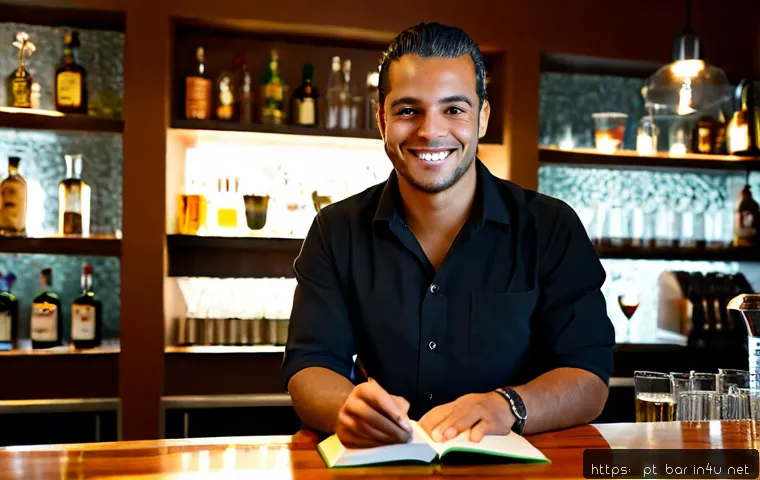 바텐더가 추천하는 주류 도서 - Photorealistic Brazilian bartender in a polished neighborhood cocktail bar, warmly smiling while sel...