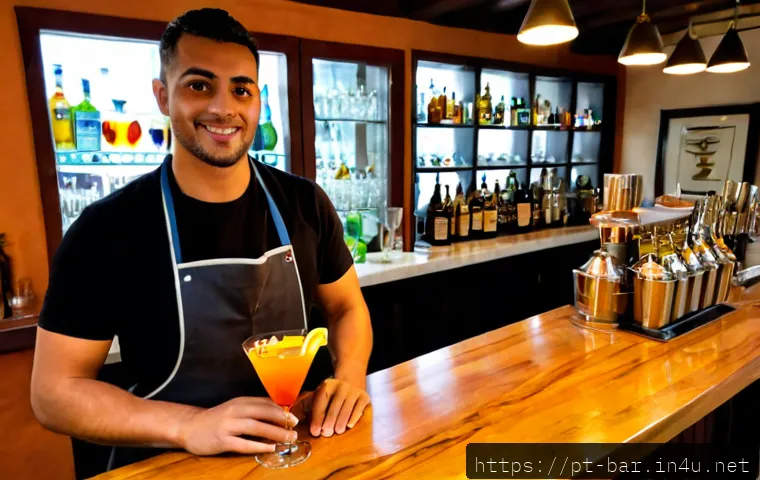 바텐더 직업의 장단점 - Photorealistic evening scene in a welcoming Portuguese neighborhood cocktail bar, skilled adult bart...